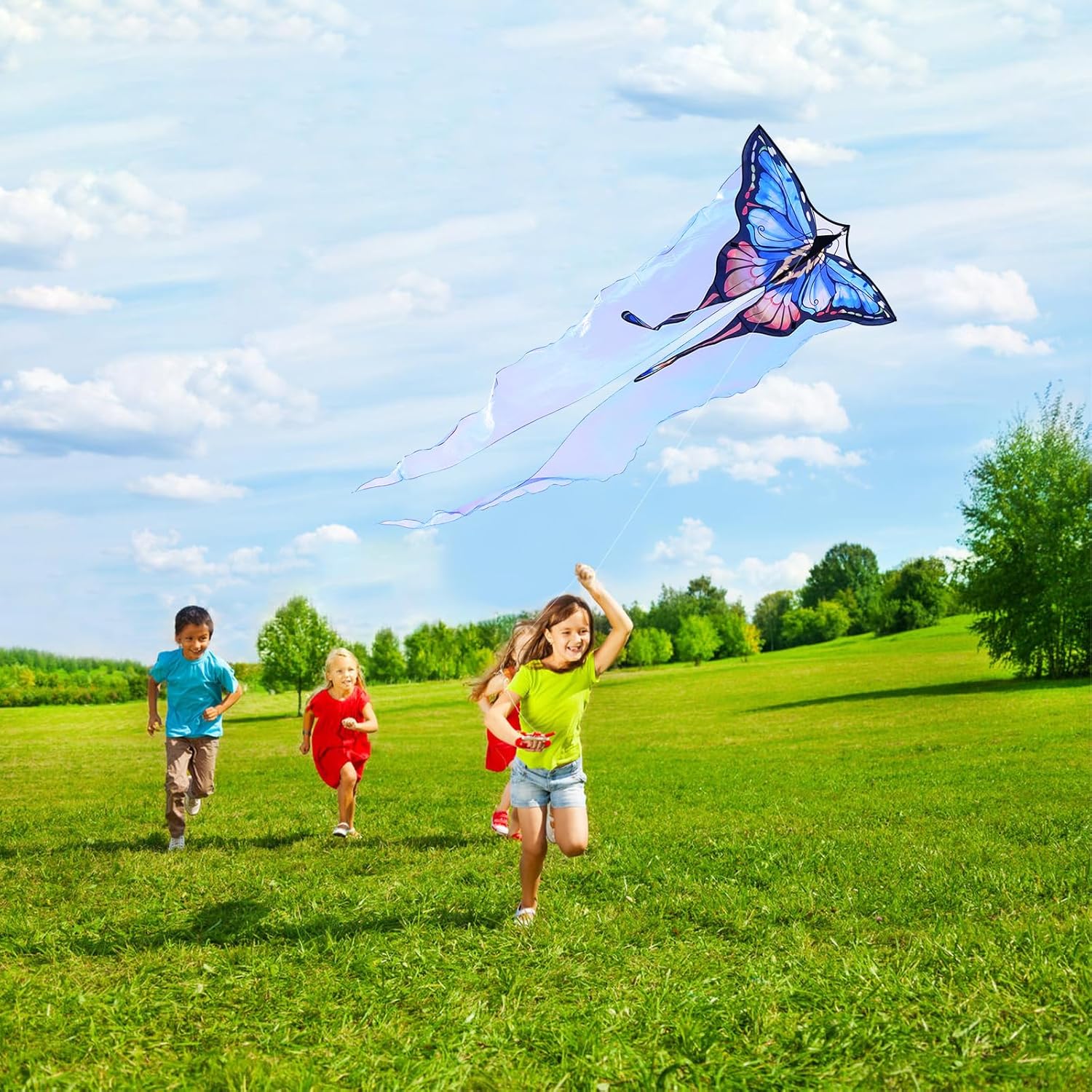 SGftre Blue Tulle Butterfly Kite - Easy to Fly Outdoor Fun for Kids Ages 4-8 | Perfect Summer Activity