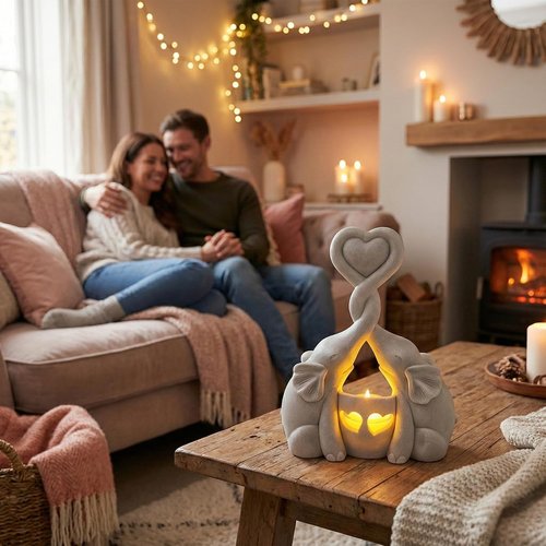 Elephant Love Candle Holder Statue - Elegant Home Decor Gift for Women | Ivory with LED Candle - Perfect for Anniversaries & Valentine's Day