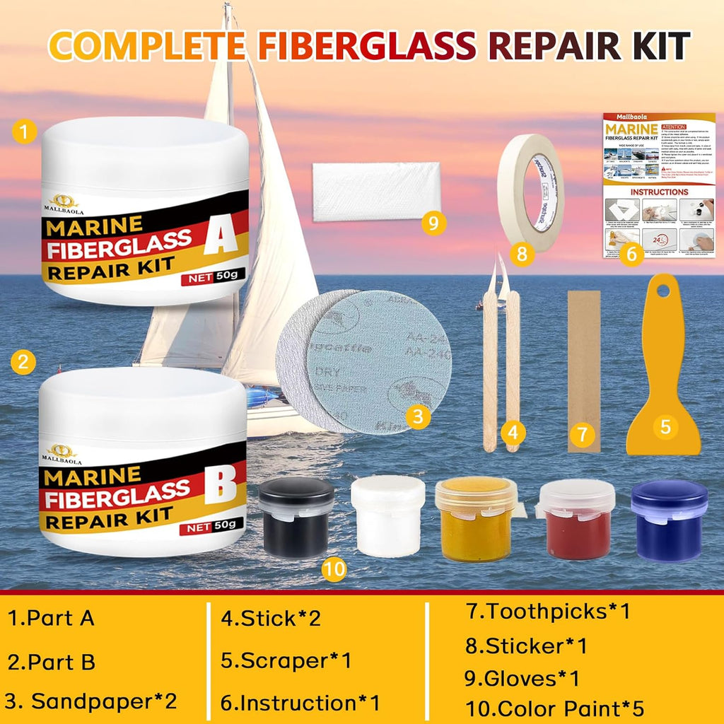 Skiennix Marine Fiberglass Repair Kit - Gel Coat & Epoxy Filler for Boats | Fix Holes, Chips, Cracks