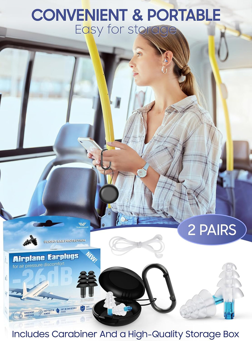 Skiennix Ear Plugs - Soft Silicone Reusable for Airplane Pressure Relief - 2 Pairs with Connector Cord