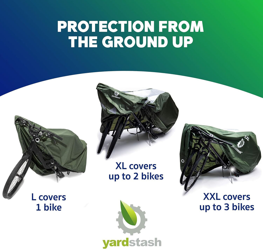 YardStash Bike Cover - XXL Waterproof & Weatherproof Bicycle Storage Solution | Reflective Green Tarp for Bikes, Trikes & E-Bikes