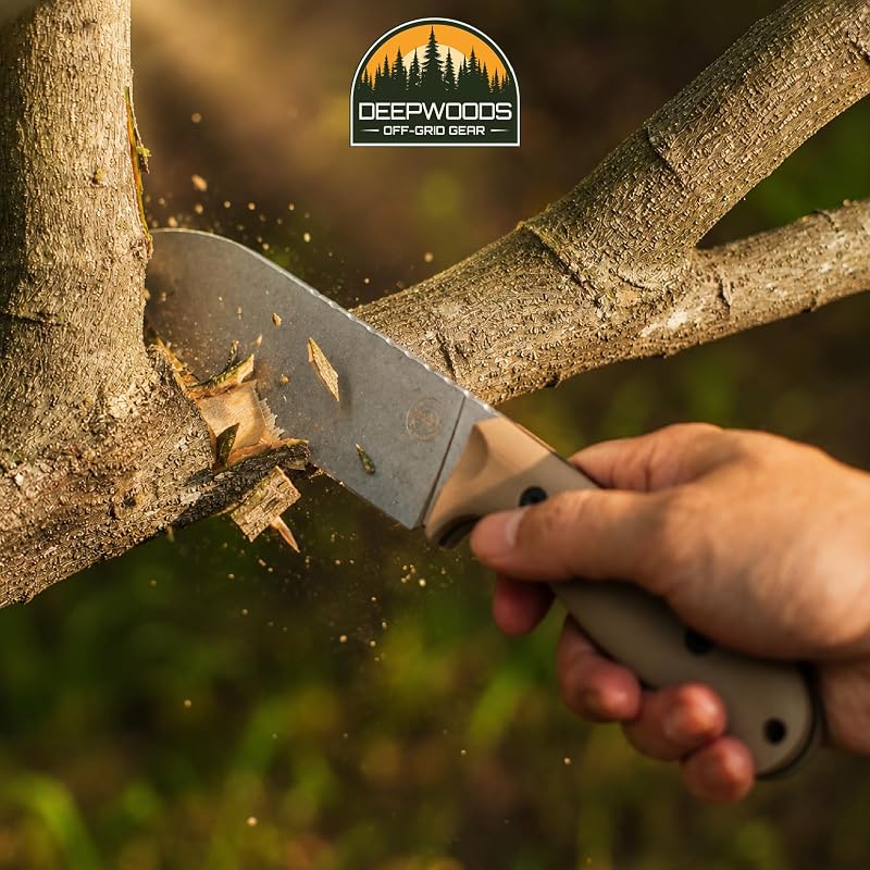 Fixed Blade Knife with Sandvik 12C27 Steel, G10 Handle — DeepWoods Bushcraft Survival (Desert Gray) - Outdoor Camping