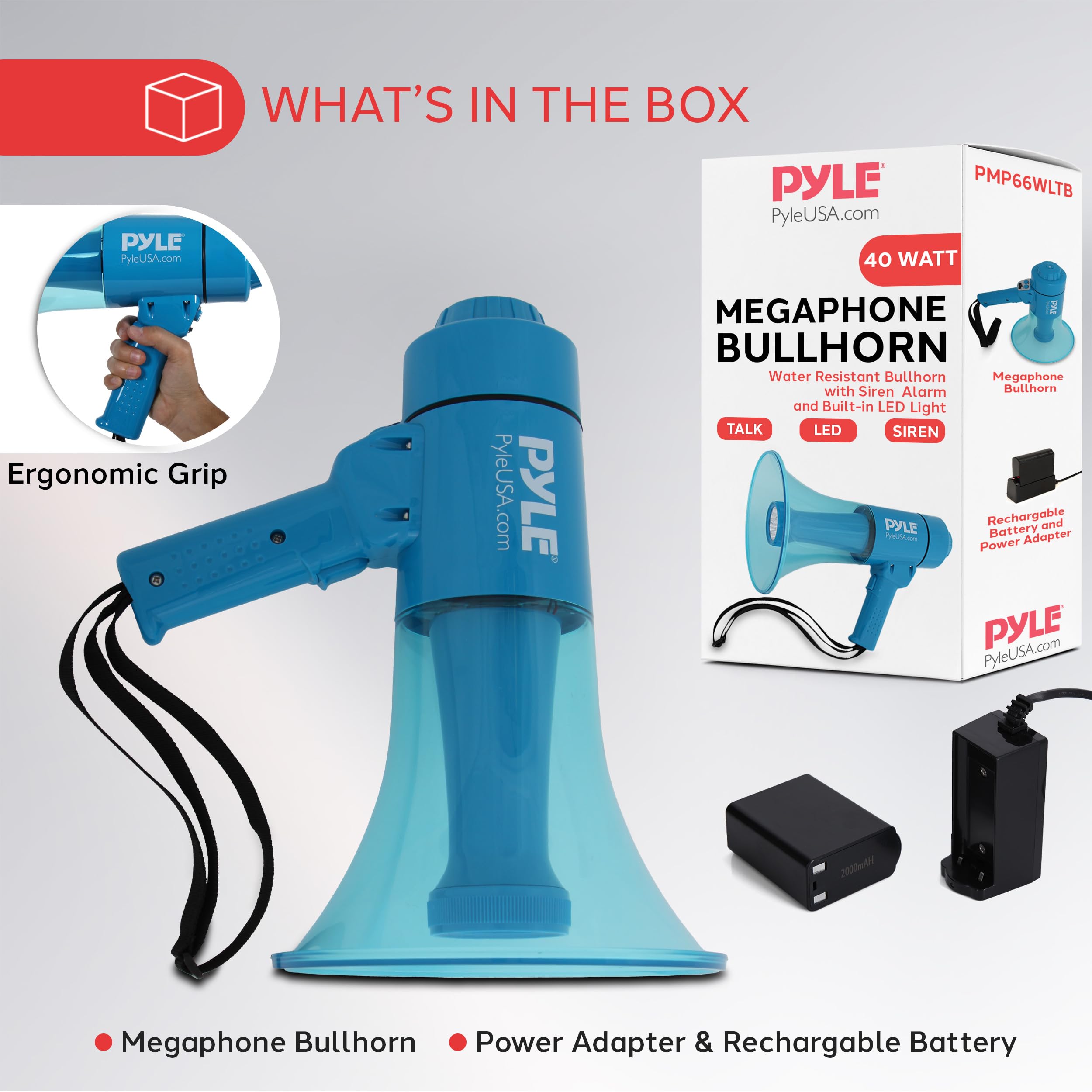 Pyle Megaphone Bullhorn and Flashlight - 40W Portable Megaphone Includes Rechargeable Battery, Alarm Siren, Adjustable Volume, LED, Indoor Outdoor