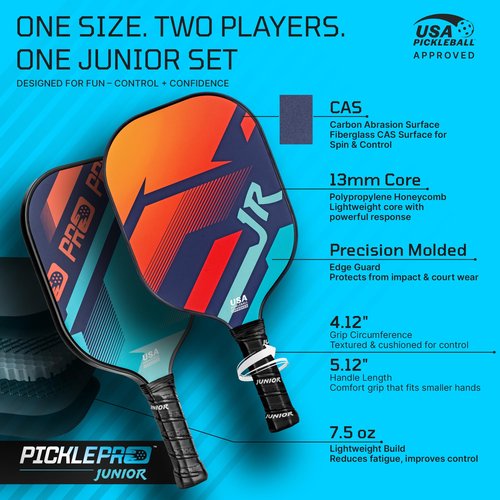 PicklePro Junior – Pickleball Paddles Set for Youth & Families with 2 Junior Paddles, 4 Pickleballs & Paddle Bag – USAP Approved Fiberglass Face, Cushioned Grip – Complete Beginner Pickleball Kit