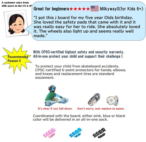 My Jay Board All-in-one Skateboard with Built-in LED Flash Wheels | 2 Wheel Pivoting Lightweight 360-degree Caster Board for Kids, Teens | Knee/Elbow/Hand Pads & Replacement Tire Included