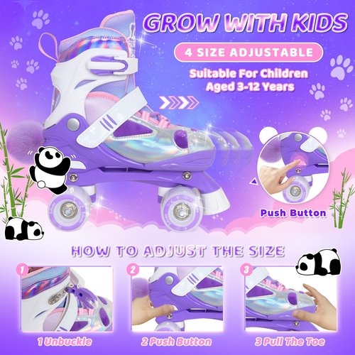 Nattork Kids Roller Skates for Girls Boys, 4 Size Adjustable Purple Panda Quad Skates with All Light up Wheels, Beginner Roller Skates - Birthday Gift for Outdoor Indoor