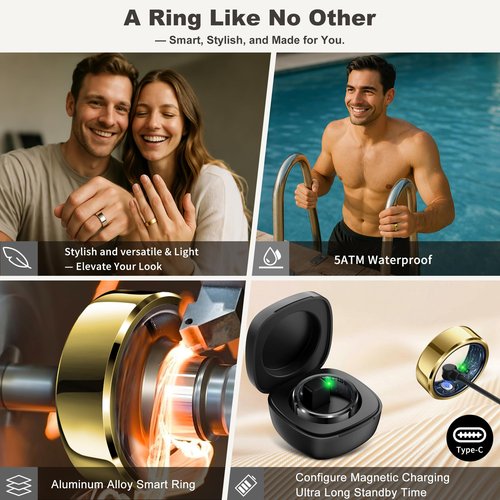 RIFESI Smart Ring for Women Men, Fashion Minimalist Fitness Ring & Sleep Tracker Ring with Heart Rate, SPO₂,Blood Pressure,5ATM Waterproof Health Ring, No Subscription,Women Couple Gift (Gold,12)