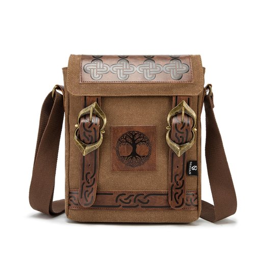 SV SENVAN Medieval Renaissance Crossbody Bag – Viking Steampunk Canvas Sling Pack，Brown Embossed with Metal LARP, Travel & Urban Adventures