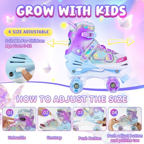 SHDSL Kids Roller Skates for Girls Boys Beginner, 4 Sizes Adjustable Quad Butterfly Roller Skates with All Light up Wheels, Birthday Gift for Girls Skates Indoor Outdoor Sports
