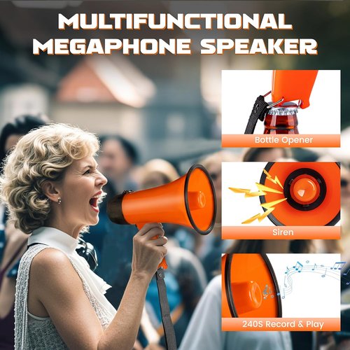 MyMealivos 20W Megaphone Bullhorn - Portable Design with Siren & 240s Recording | 5.4" x 8.6" for Indoor/Outdoor Use