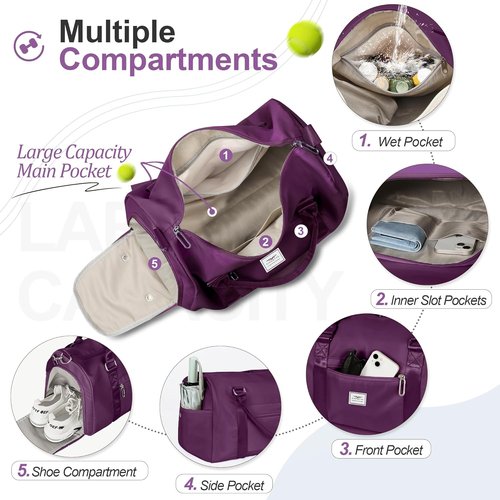 FIORETTO Women's Gym Tote Duffle Bag - Wet Pocket & Shoe Compartment | Dark Purple Sports Weekender