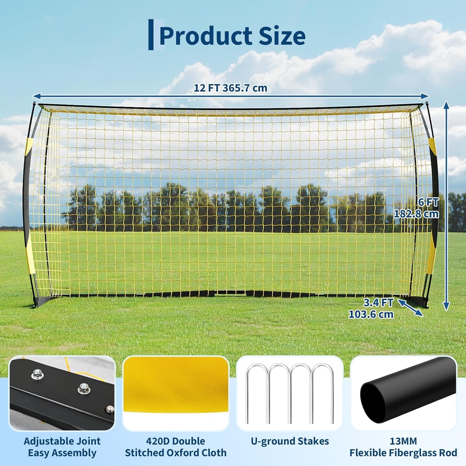 Soccer Goal | Portable 12x6 Ft & 6x4 Ft Set - Heavy Duty Metal Base, Quick Setup, Weather-Resistant