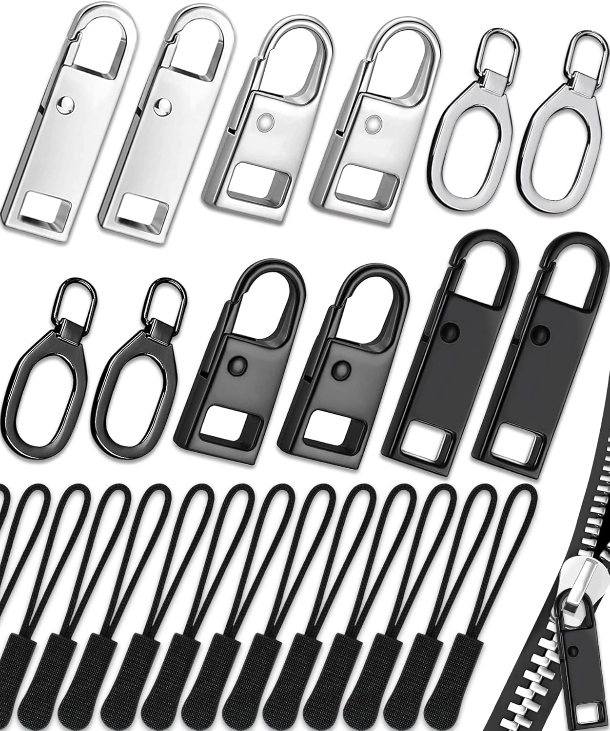 Zipper Pull Replacement 32 Pack, Universal Replacement Zipper Pull Kit, Replacement Zipper Pulls Tab, Luggage Zipper Pulls for Backpacks, Purses, Jackets, Boots (4 Styles 4 Sizes)