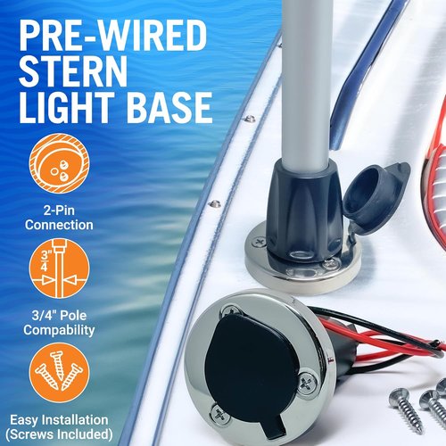 Boat Stern Light Base - Navigation & Anchor Light Socket with Stainless Steel Trim | 2-Pin Plug