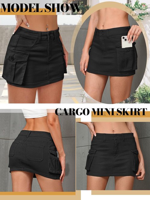 Mancreda Women's Denim Cargo Mini Skirt - Low Waist Y2K Style with Flap Pockets