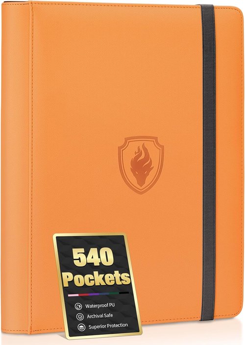 Fabmaker Premium 9 Pocket Card Binder - Sturdy Trading Card Album for 540 Cards | Orange PU Cover