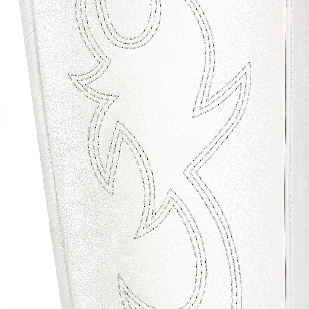 Ouepiano White Cowgirl Boots - Women's Knee High Cowboy Boots with Chunky Heel & Pointed Toe