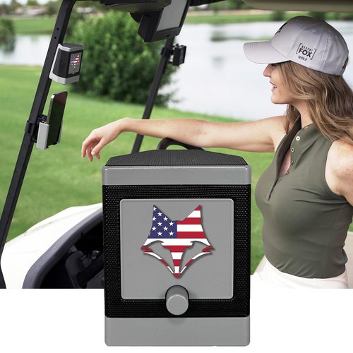 DESERT FOX GOLF DJ-10 Golf Cart Bluetooth Speaker – Wireless Magnetic Golf Speaker with Secure Mount – Loud, Weatherproof Sound with Retro Volume Knob & Built-in Charging (Gray w/US Flag)