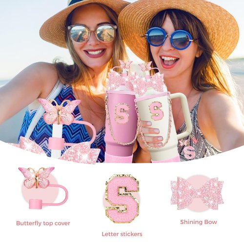 Aouloves Stanley Cup Accessories Set of 9 PCS - Including Pink Bow, Chain Handle, Letter Stickers, Butterfly Tassel Letter Pendant, Butterfly Cup lid, Spill Proof Stopper, Cup Holder,30oz 40oz.(S)