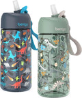 Bentgo Kids Water Bottle 2-Pack - Leak-Proof Tritan BPA-Free 15 oz Cups for Kids | Bite & Sip Spout, Dishwasher Safe (Dinosaur/Dino Fossils)