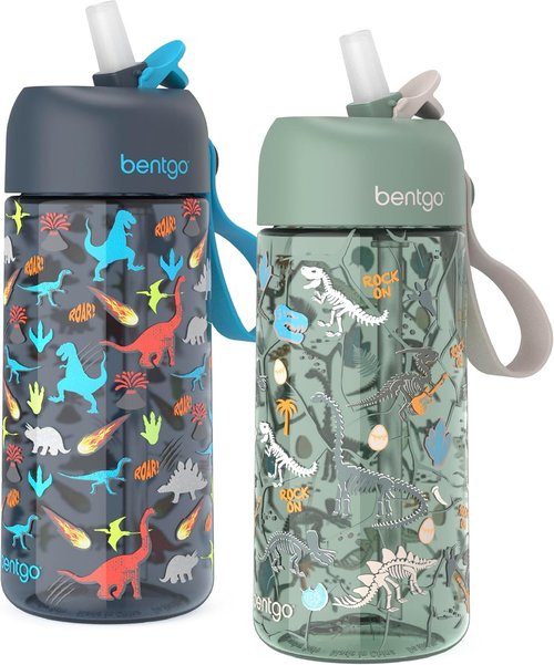 Bentgo Kids Water Bottle 2-Pack - Leak-Proof Tritan BPA-Free 15 oz Cups for Kids | Bite & Sip Spout, Dishwasher Safe (Dinosaur/Dino Fossils)