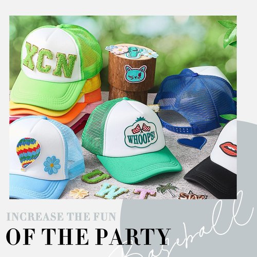 Hercicy 12 Pack DIY Trucker Hats Kit, Sublimation Blank Baseball Caps with 120 pcs Embroidered Patches DIY Craft for Party