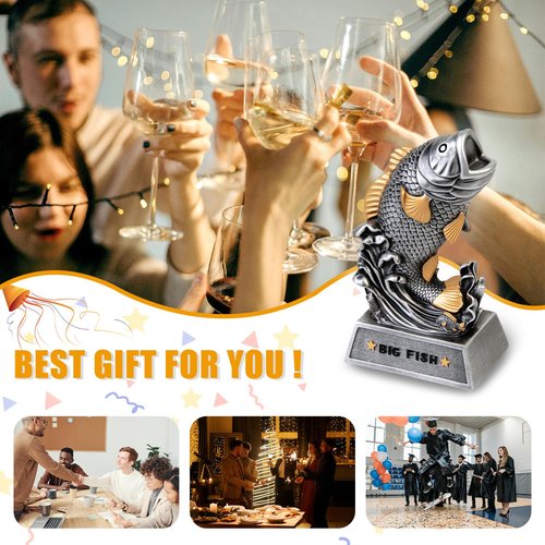 Funny Big Fish Trophy Award - 6" Handmade Statue for Best Catch - Unique Fishing Gift for Dad, Husband, Grandpa & Anglers - Tournament Prize, Father's Day & Birthday Gag Gifts, Man Cave Decor