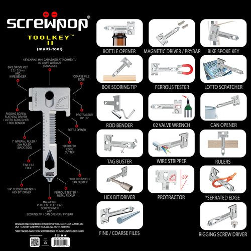 Screwpop Toolkey II Original Keyshape 17+ Multi-tool Includes Magnetic Phillips and Flathead Screwdriver Ultra Thin and Lightweight EDC Design Heat Treated Stainless Steel Silver