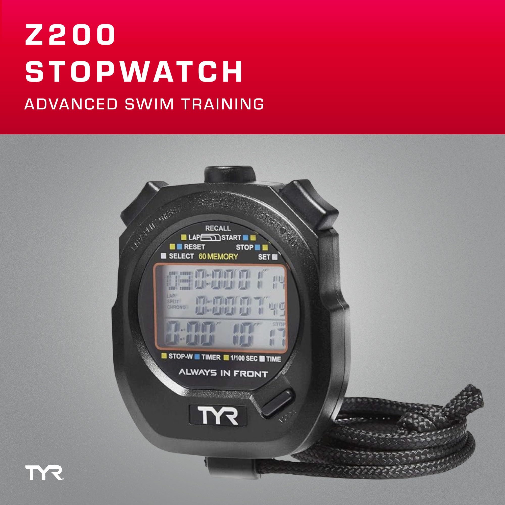 TYR Z200 Stopwatch – Professional Digital Timer with Split Memory, Water-Resistant, Ergonomic Design for Swim, Track & Field, and Sports Training