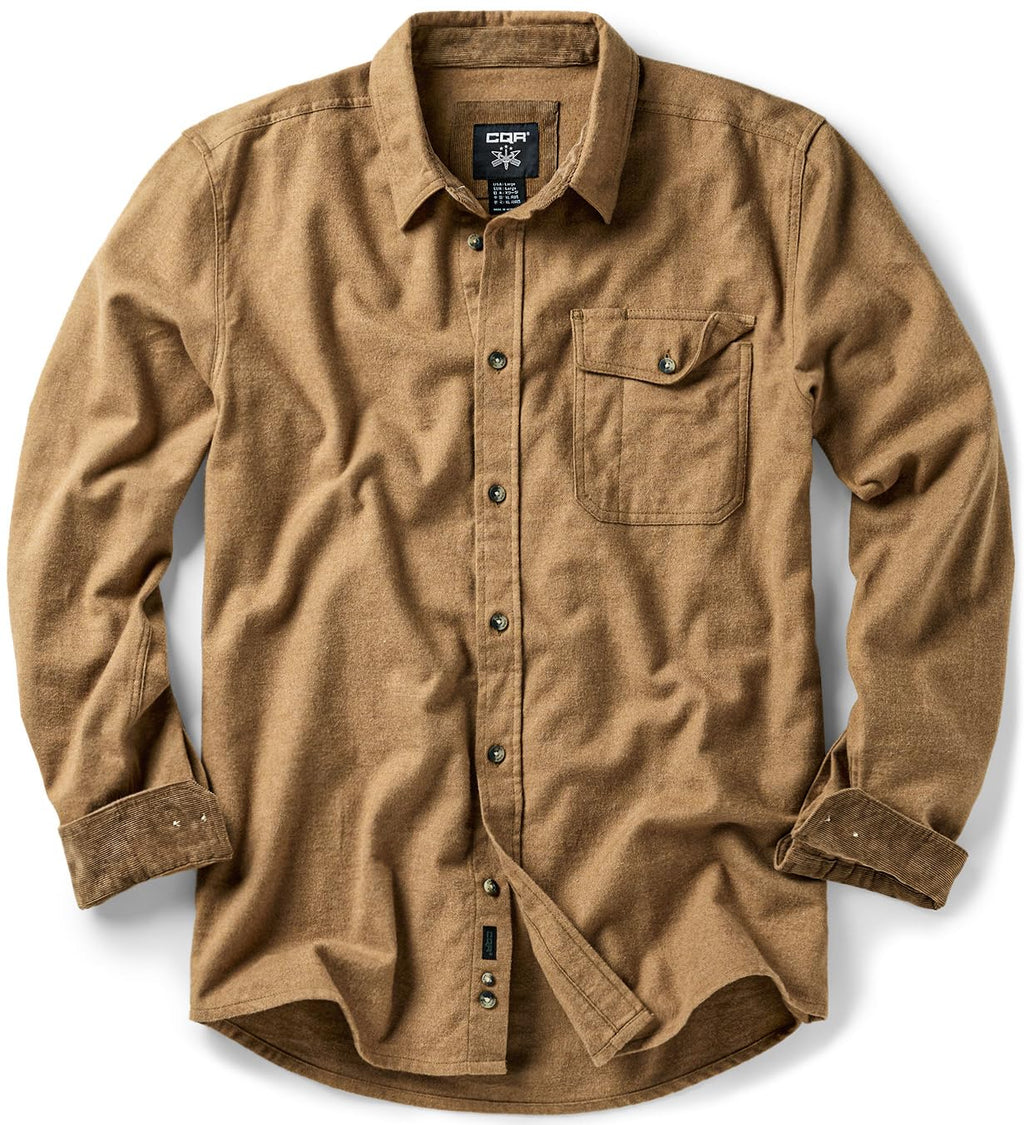 CQR Men's 100% All Cotton Button Down Flannel Shirts, Long Sleeve Brushed Warm Soft Casual Outdoor Plaid Shirt, Corduroy Wheat Brown, X-Small