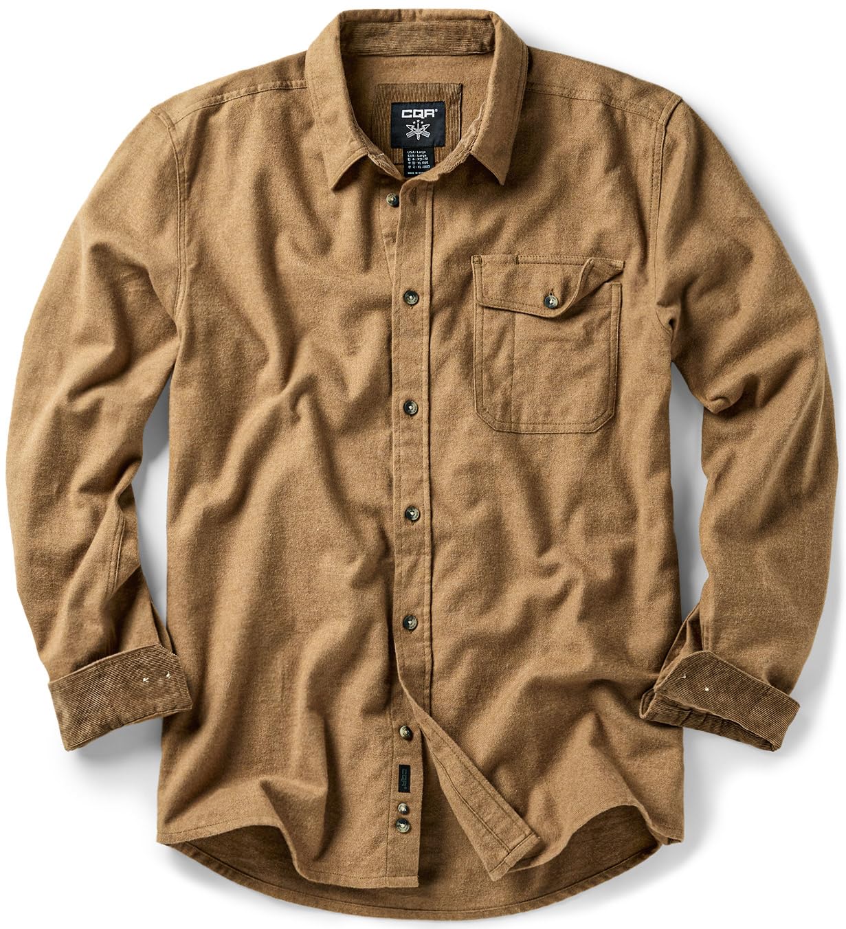 CQR Men's 100% All Cotton Button Down Flannel Shirts, Long Sleeve Brushed Warm Soft Casual Outdoor Plaid Shirt, Corduroy Wheat Brown, X-Small