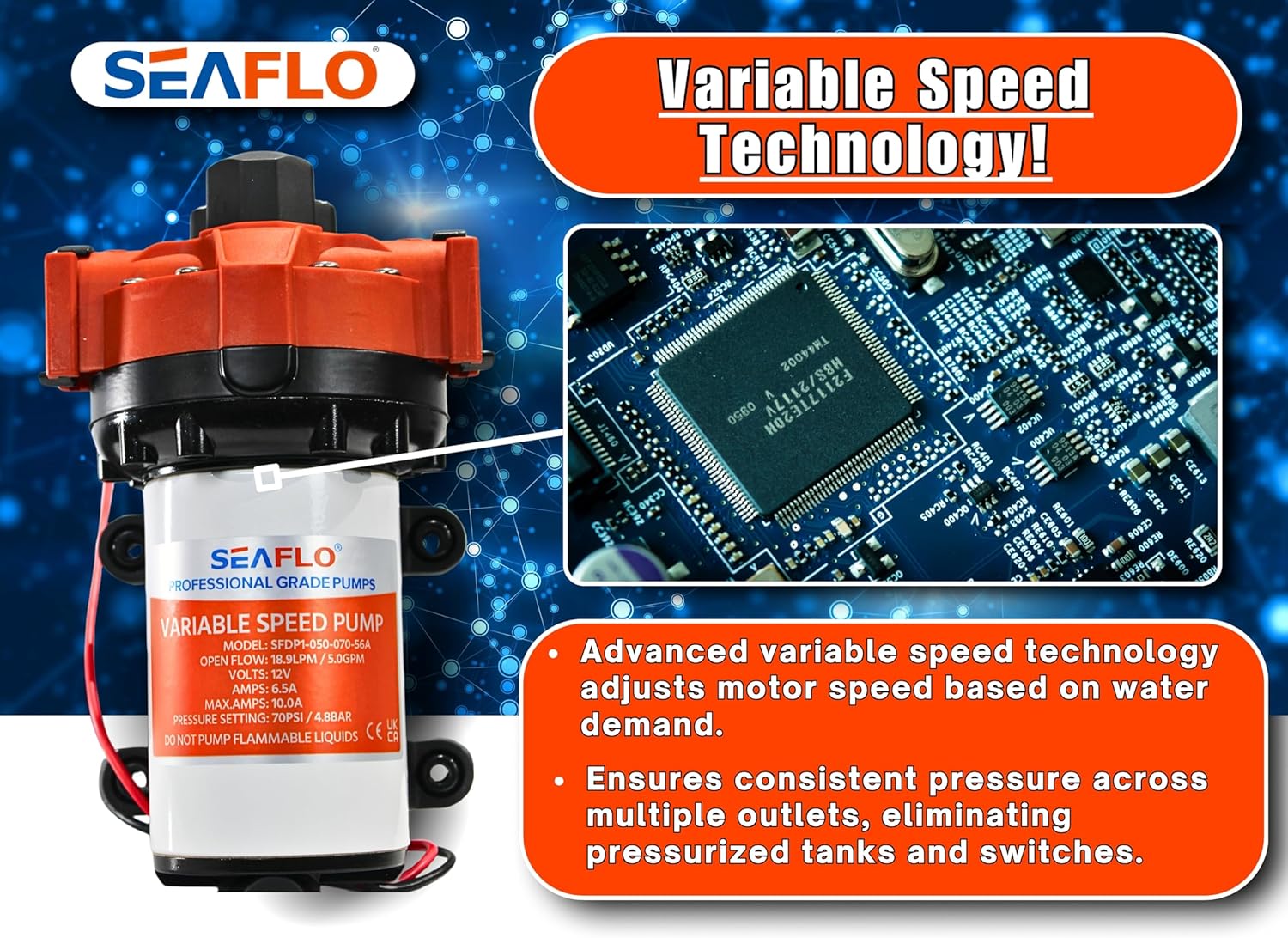 SEAFLO 56A Series Smart Water Pressure Pump - 12V DC, 5.0 GPM, 70 PSI, Self-Priming for RV/Yacht/Boat/Camper