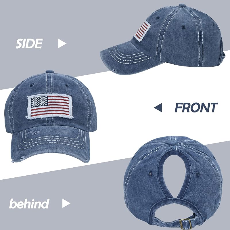 Distressed Ponytail Hat for Women – American Flag High Bun, One Size Navy