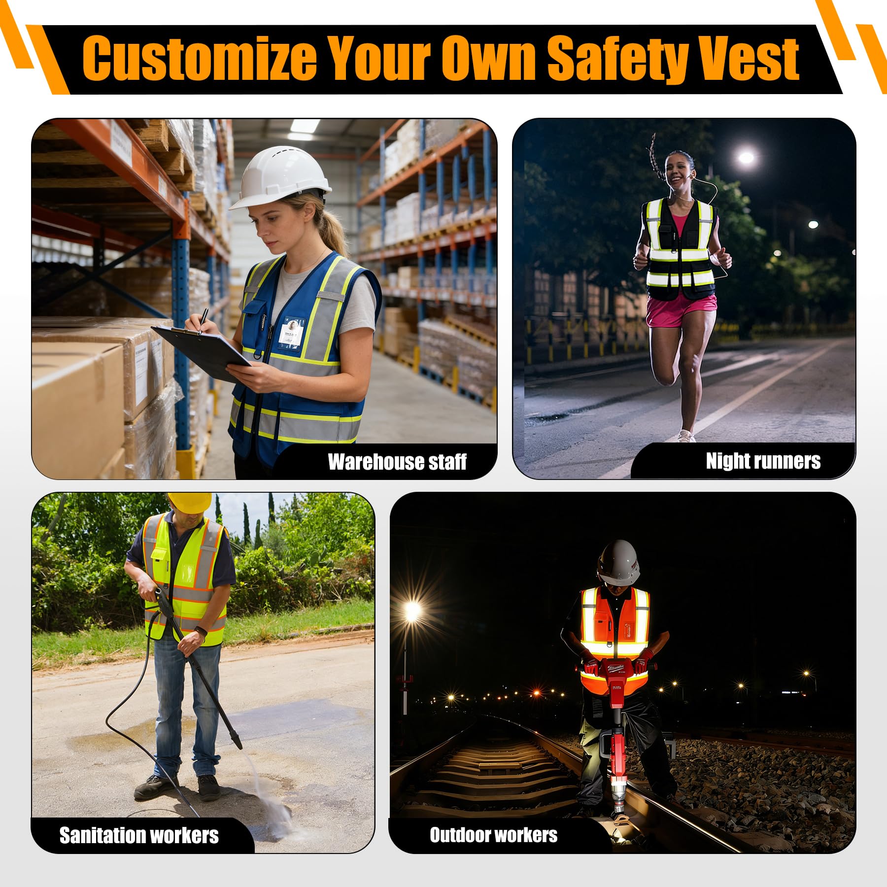 Custom Safety Vest with Logo, High Visibility Reflective Vest with Pockets and Zipper for Men Women, Personalized Construction Safety Vest Work,Warehouse,Surveyor, Crossing Guard,Road,Runner（Green）