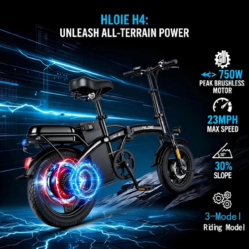 HLOIE Folding Electric Bike - 750W Motor, 23MPH Max Speed | Compact 14" Ebike with 48V12AH Battery, 35 Miles Range