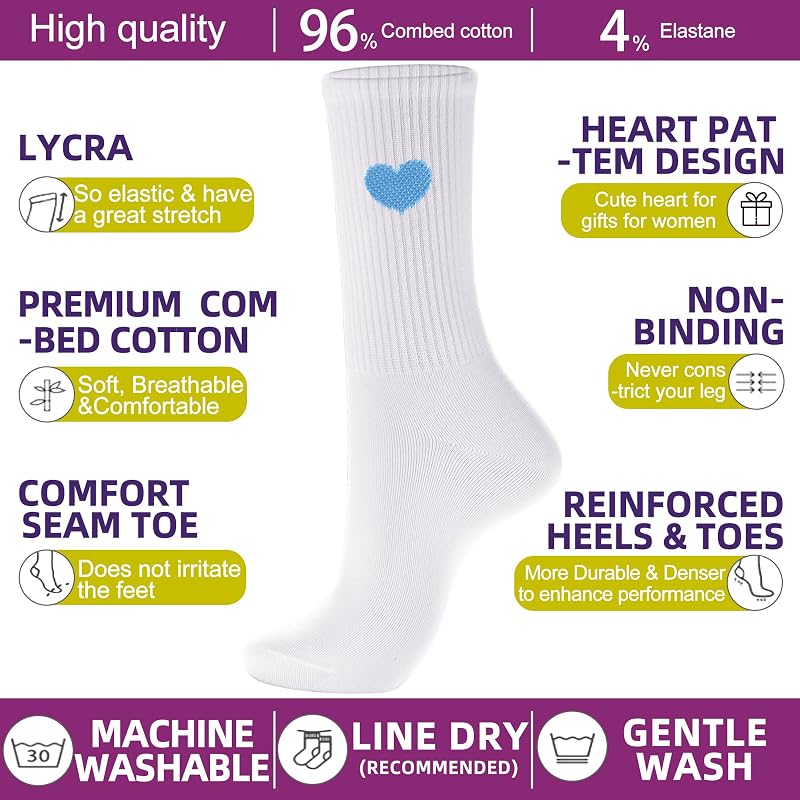 Womens Cotton Crew Socks 6 Pairs - White, Heart Pattern, Ankle Boot Socks