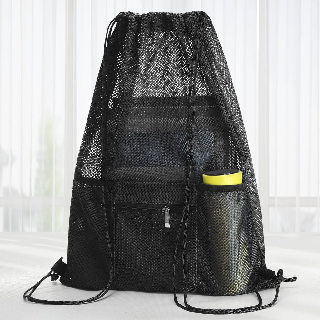 NATURAL STYLE Mesh Drawstring Backpack Bag, Gym Sports Bag with Zipper Pocket Bottle Holder, String Beach Bag for Swiming Travel (Black)