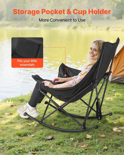 VEVOR Rocking Camping Chair, Portable Folding Rocker, Heavy-Duty Lawn Chair Recliner with Pocket, Supports 225lbs, Fully Padded Camp Chairs for Outdoor Patio Backyard Porch Garden