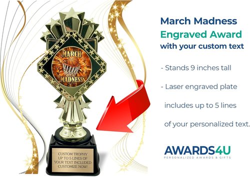 March Madness Trophy - 9-Inch Customized Basketball Bracket Award | Engrave with Gold Plate