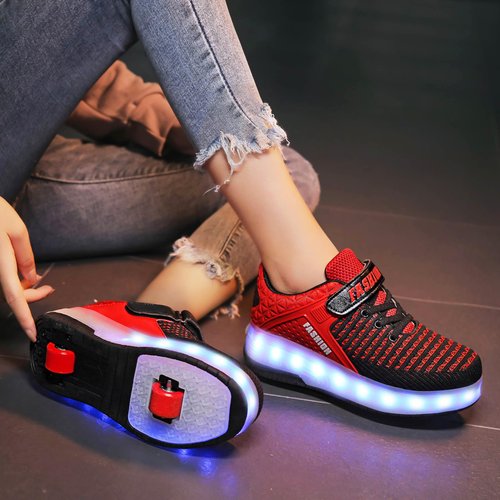 Ufatansy Rechargeable Boys LED Shoes Roller Skates Girls Roller Skate Shoes Kids LED Light up Wheel Sneakers Charging by USB Double Wheels for Kids(1 M US = CN32, Red)