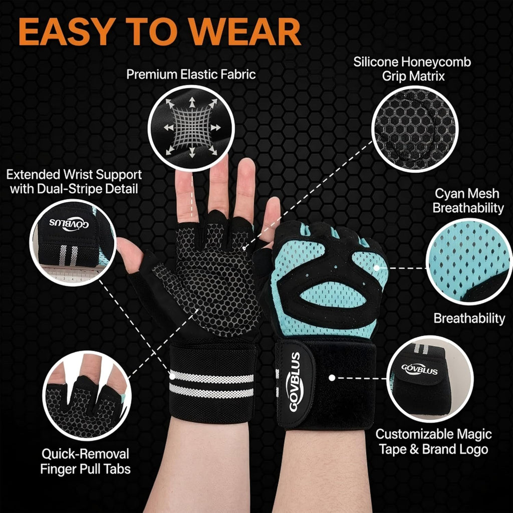 Skiennix Workout Gloves - Breathable Gym Gloves with Wrist Support for Weightlifting & Training | Unisex Fingerless Design
