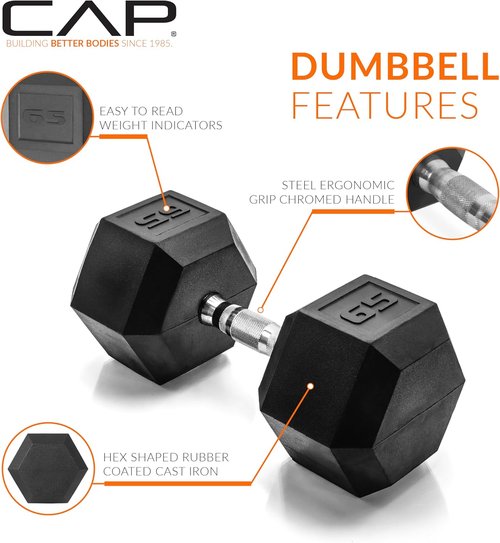 CAP Barbell Coated Hex Dumbbell Weights - Single | Choose From 10-120 lbs Options