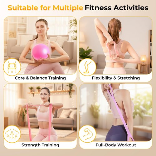 RENVID Pilates Ball and Ring Set for Women - 14-Piece At Home Pilates Kit with 12-Inch Magic Circle, 5 Resistance Bands, Home Workout Equipment for Full Body Training