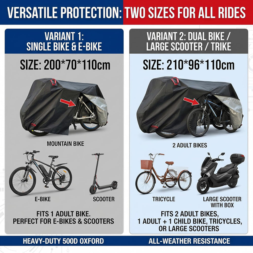 Skiennix Bike Cover - 500D Heavy Duty Waterproof Protection | Fits 1-3 Bikes, Windproof & Reflective Strips