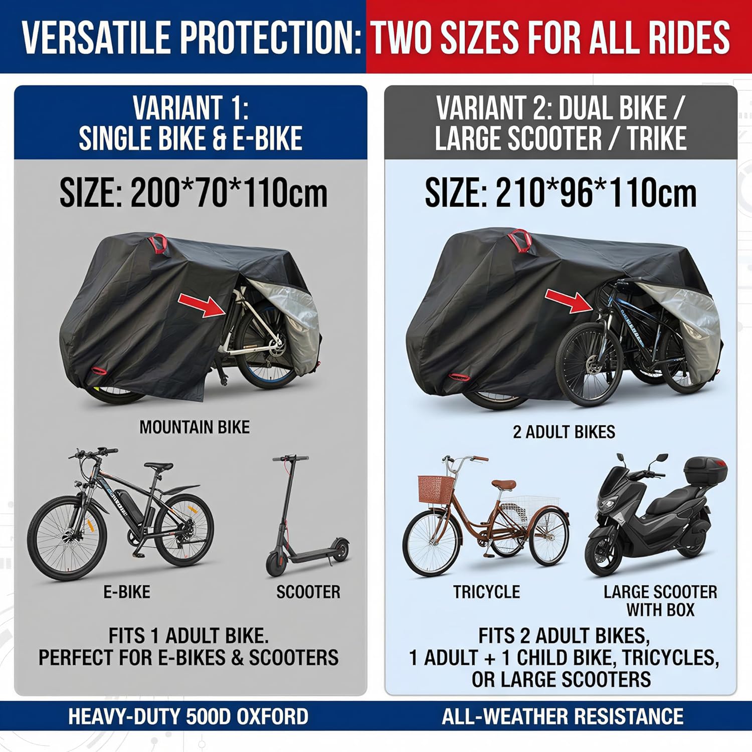 Skiennix Bike Cover - 500D Heavy Duty Waterproof Protection | Fits 1-3 Bikes, Windproof & Reflective Strips