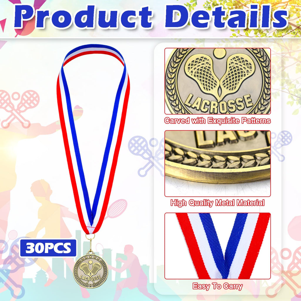 Remuuly 30 Pcs Gold Medals Bulk 2'' Basketball Soccer Baseball Volleyball Football Lacrosse Kickball Cheer Bowling Trophy Medals for Awards for Sports Participation Winner Gift(Gold,Lacrosse)