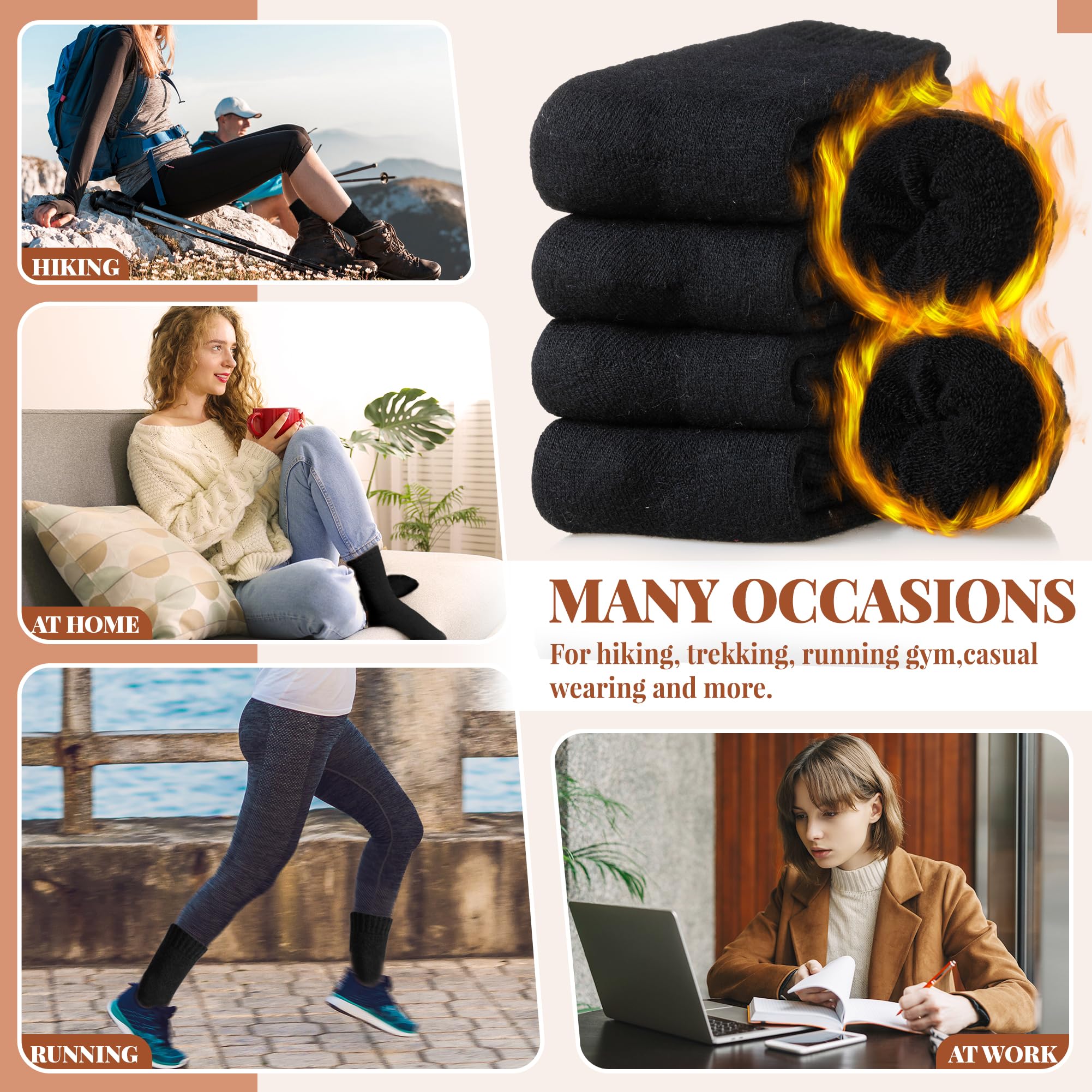 Velice Merino Wool Socks for Women 5 Pairs Warm Winter Hiking Thick Thermal Cozy Boot Work Soft Ladies Crew Socks(5 Pairs Black Socks)