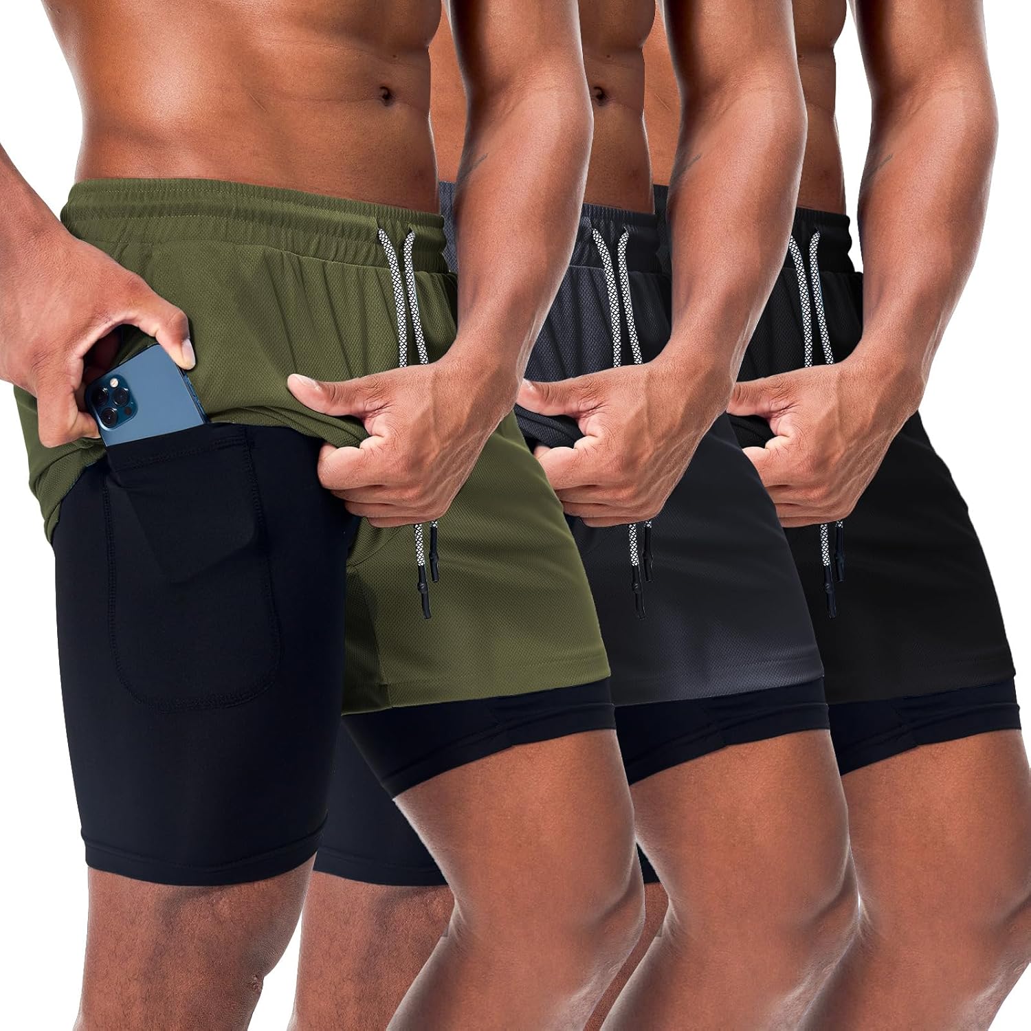 Surenow Men's Athletic Gym Shorts - Quick Dry Lightweight 2-in-1 Running Shorts with Pockets | 3 Pack