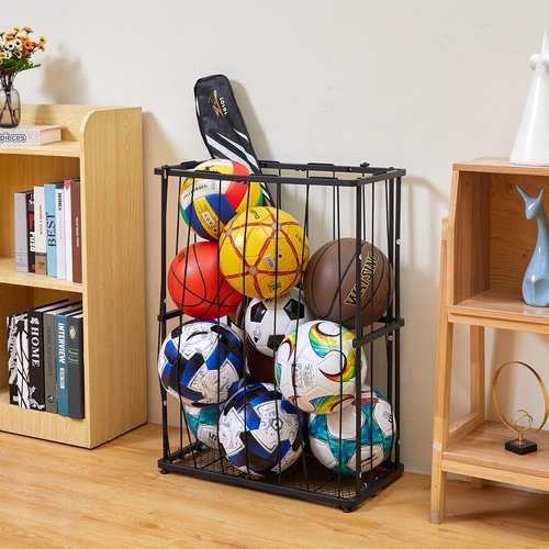 Garage Ball Storage | Wall-Mounted Sports Equipment Organizer - Elastic Rope Holder for Basketball, Soccer, Volleyball, Football - Black