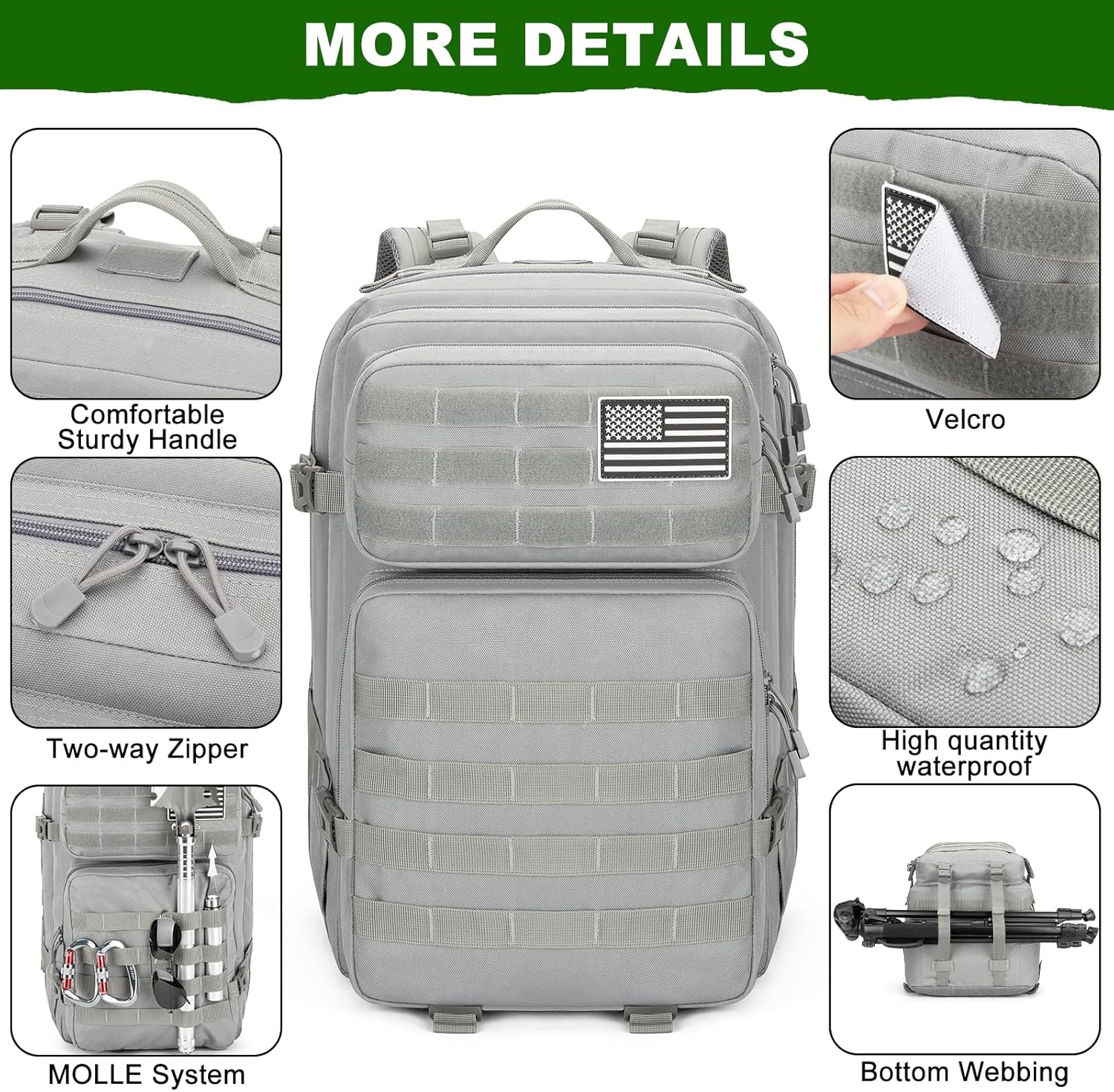 Skiennix Tactical Backpack 45L - Water Resistant MOLLE Rucksack for Hiking, Camping & Travel (Grey)